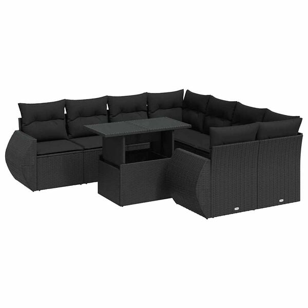 vidaXL 9 pcs conjunto de sof&aacute;s p/ jardim c/ almofad&otilde;es vime PE preto