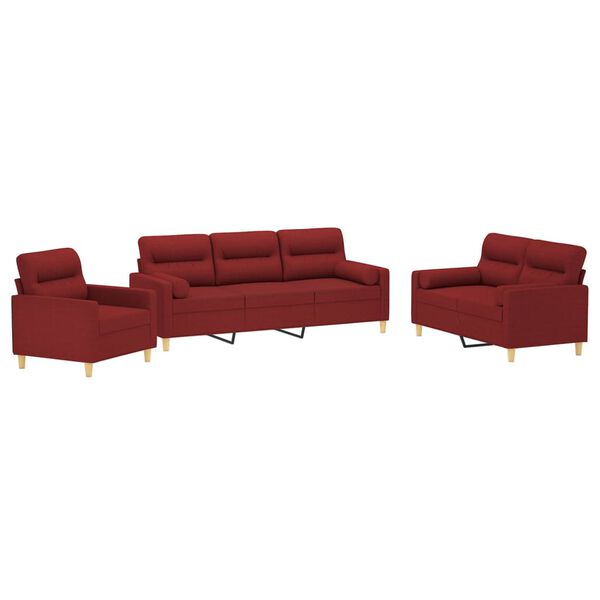vidaXL 3 pcs conjunto de sof&aacute;s c/ almofad&otilde;es tecido vermelho tinto
