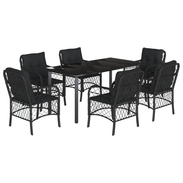 vidaXL 7 pcs conjunto de jantar p/ jardim c/ almofad&otilde;es vime PE preto