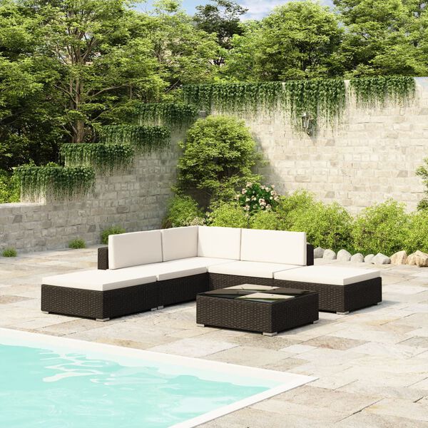 vidaXL 6 pcs conjunto lounge de jardim c/ almofad&otilde;es vime PE preto