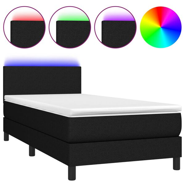 vidaXL Cama box spring c/ colch&atilde;o e LED 90x190 cm tecido preto