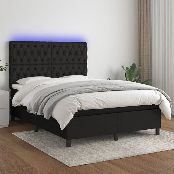 vidaXL Cama box spring c/ colch&atilde;o e LED 140x190 cm tecido preto