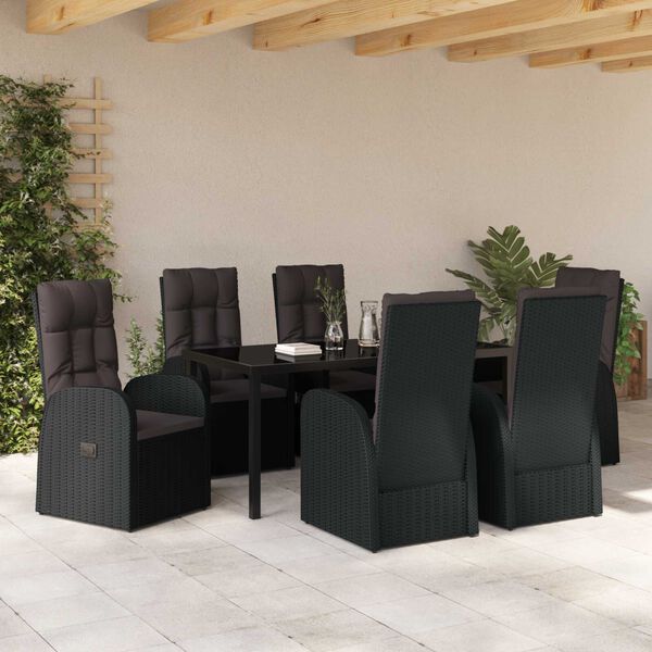 vidaXL Conjunto de Jantar para Jardim com almofada 7 pcs Preto vime PE