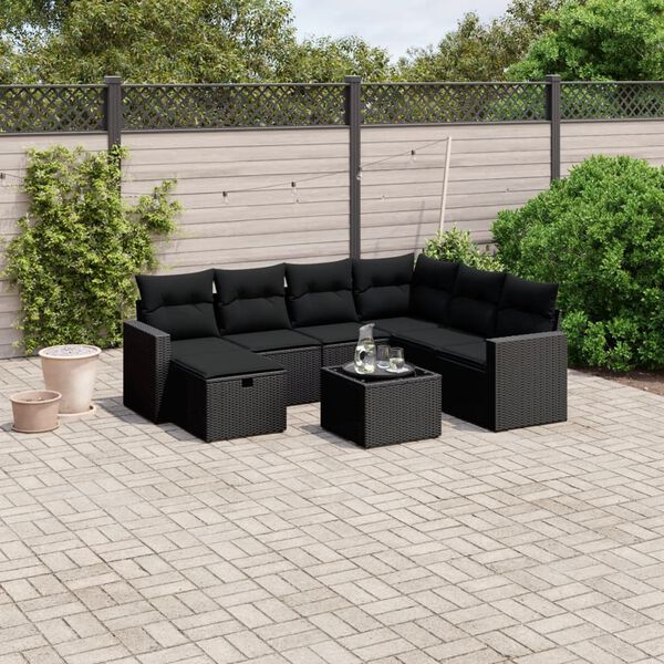 vidaXL 8 pcs conjunto sof&aacute;s de jardim com almofad&otilde;es vime PE preto