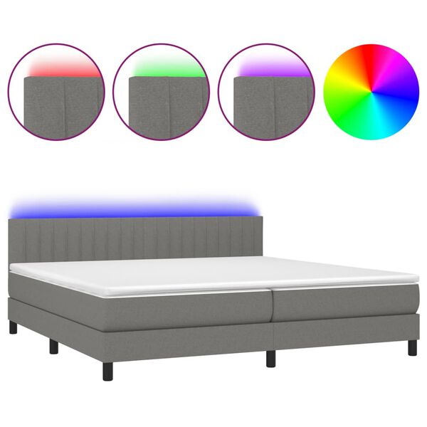 vidaXL Cama box spring c/ colch&atilde;o e LED 200x200 cm tecido cinza-escuro