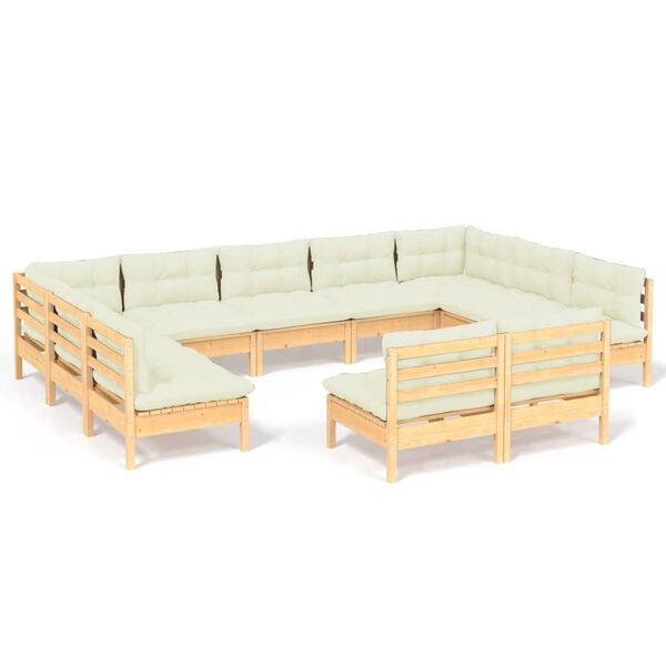 vidaXL 11 pcs conjunto lounge jardim c/ almofad&otilde;es creme pinho maci&ccedil;o