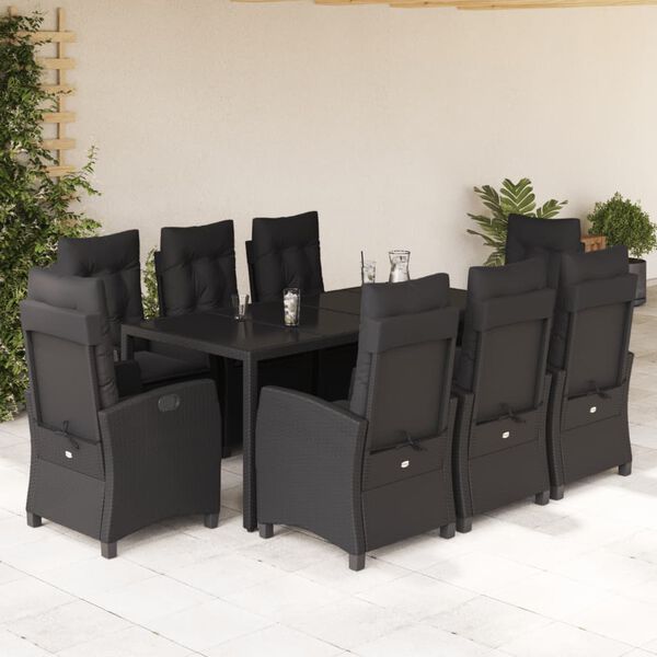 vidaXL 9 pcs conjunto de jantar p/ jardim c/ almofad&otilde;es vime PE preto