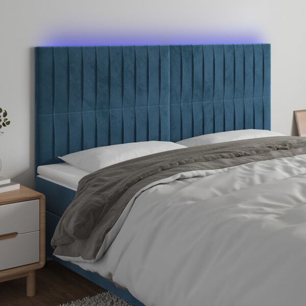 vidaXL Cabeceira cama c/ luzes LED veludo 160x5x118/128cm azul-escuro