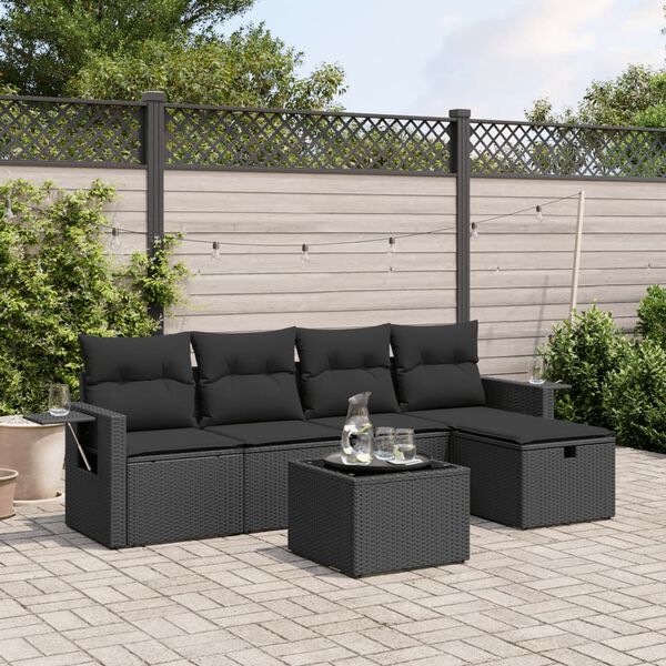 vidaXL 6 pcs conjunto sof&aacute;s de jardim c/ almofad&otilde;es vime PE preto