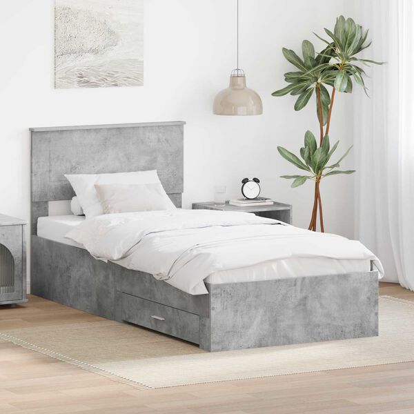 vidaXL Estrutura da Cama com gaveta Cinza Concreto e Prata 75 x 190 cm