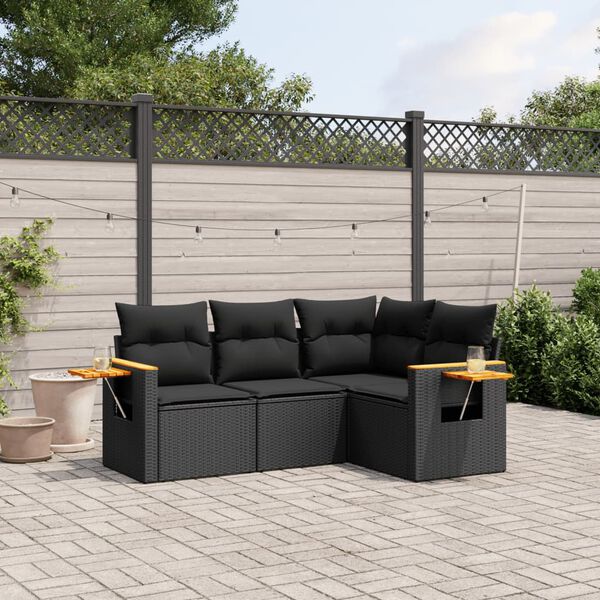 vidaXL 4 pcs conjunto de sof&aacute;s para jardim c/ almofad&otilde;es vime PE preto