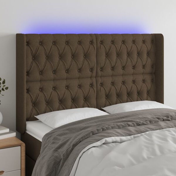 vidaXL Cabeceira de cama c/ luzes LED tecido 163x16x118/128cm castanho