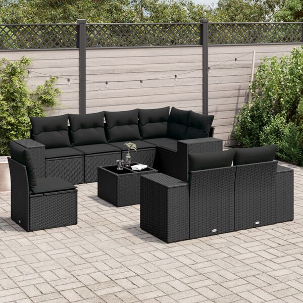 vidaXL 9 pcs conjunto de sof&aacute;s p/ jardim c/ almofad&otilde;es vime PE preto