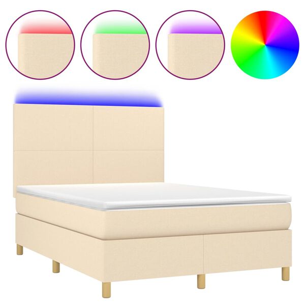 vidaXL Cama box spring c/ colch&atilde;o e LED 140x190 cm tecido cor creme