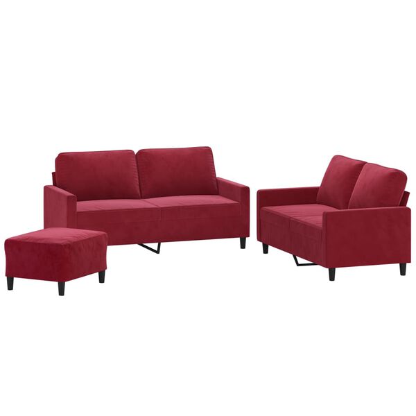 vidaXL 3 pcs conjunto de sof&aacute;s com almofad&otilde;es veludo vermelho tinto