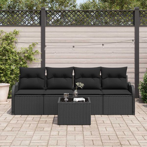 vidaXL Conjunto de Sof&aacute; de Jardim com travesseiro 5 pcs Preto vime PE