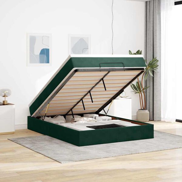 vidaXL Estrutura de cama otomana com colch&atilde;o 140x200 cm verde escuro