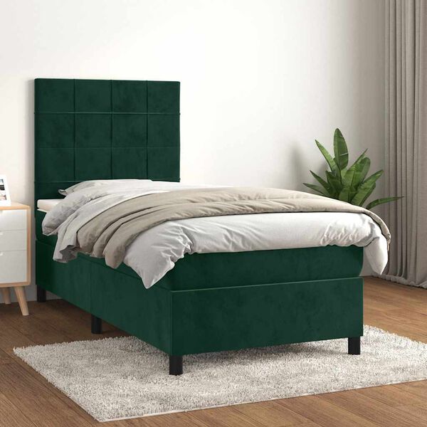 vidaXL Cama com molas/colch&atilde;o 100x200 cm veludo verde-escuro