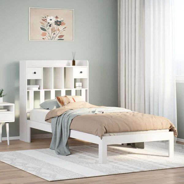 vidaXL Cama com estante sem colch&atilde;o 75x190 cm pinho maci&ccedil;o branco
