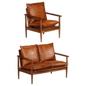 vidaXL 2 pcs conjunto de sof&aacute;s couro genu&iacute;no e ac&aacute;cia maci&ccedil;a castanho