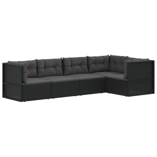 vidaXL 5 pcs conjunto lounge de jardim c/ almofad&otilde;es vime PE preto