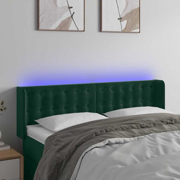 vidaXL Cabeceira cama c/ luzes LED veludo 147x16x78/88 cm verde-escuro