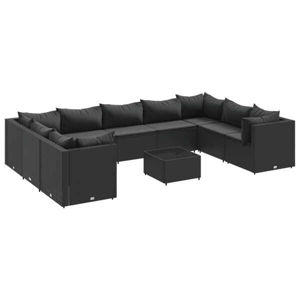 vidaXL 10 pcs conjunto lounge de jardim c/ almofad&otilde;es vime PE preto