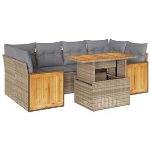 vidaXL 7 pcs conjunto sof&aacute;s jardim com almofad&otilde;es vime PE/ac&aacute;cia bege