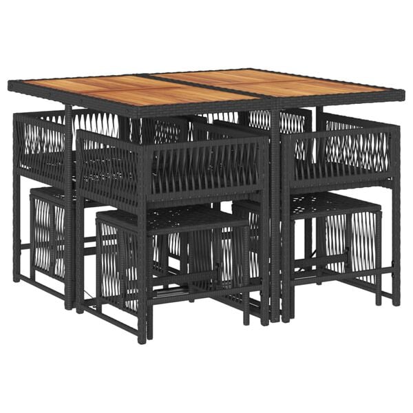 vidaXL 9 pcs conjunto de jantar p/ jardim c/ almofad&otilde;es vime PE preto