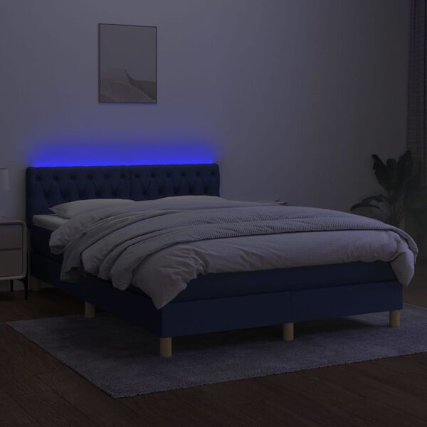 vidaXL Cama box spring c/ colch&atilde;o e LED 140x190 cm tecido azul