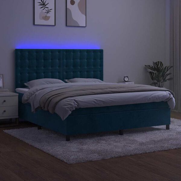 vidaXL Cama box spring c/ colch&atilde;o/LED 160x200 cm veludo azul-escuro