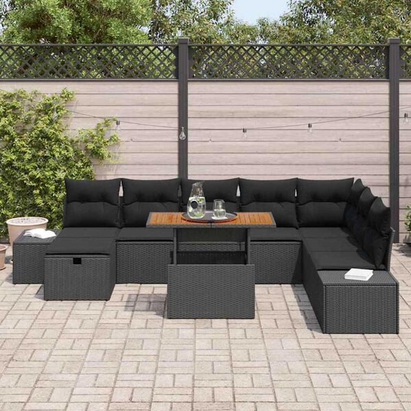 vidaXL Conjunto de Sof&aacute; de Jardim 9 pcs Preto Rattan Sint&eacute;tico