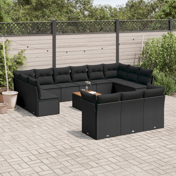 vidaXL 14 pcs conjunto de sofás p/ jardim c/ almofadões vime PE preto