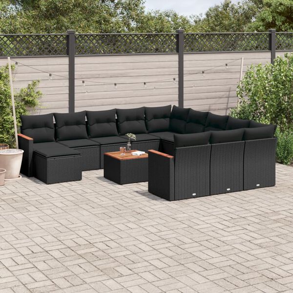 vidaXL 13 pcs conjunto de sof&aacute;s de jardim com almofad&otilde;es vime PE preto