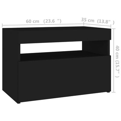 vidaXL Mesa de cabeceira & luzes LED 60x35x40 cm deriv. madeira preto