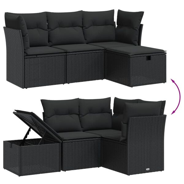 vidaXL 4 pcs conjunto de sof&aacute;s para jardim c/ almofad&otilde;es vime PE preto