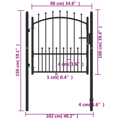 vidaXL Portão para cerca com espetos 100x100 cm aço preto