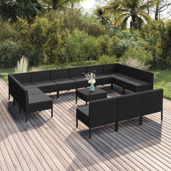 vidaXL 14 pcs conjunto lounge de jardim c/ almofadões vime PE preto