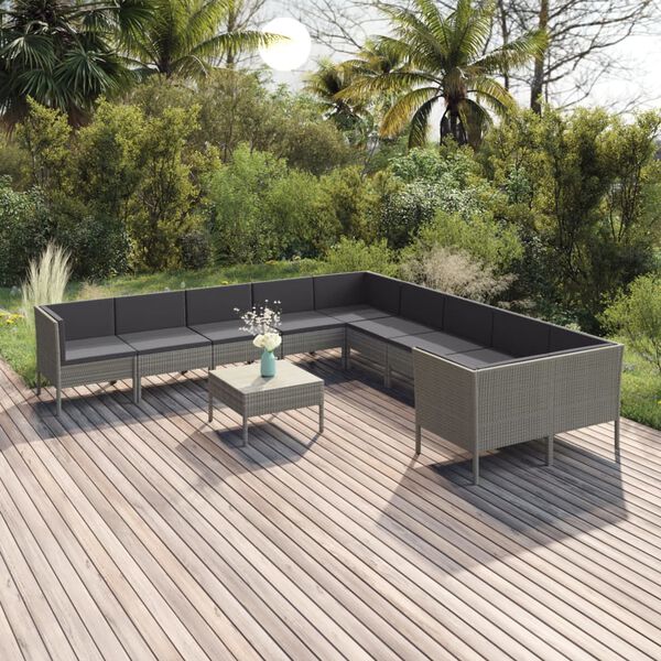 vidaXL 11 pcs conjunto lounge de jardim c/ almofadões vime PE cinzento