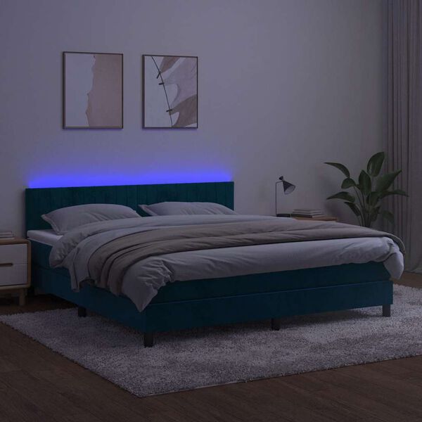 vidaXL Cama box spring c/ colch&atilde;o/LED 160x200 cm veludo azul-escuro