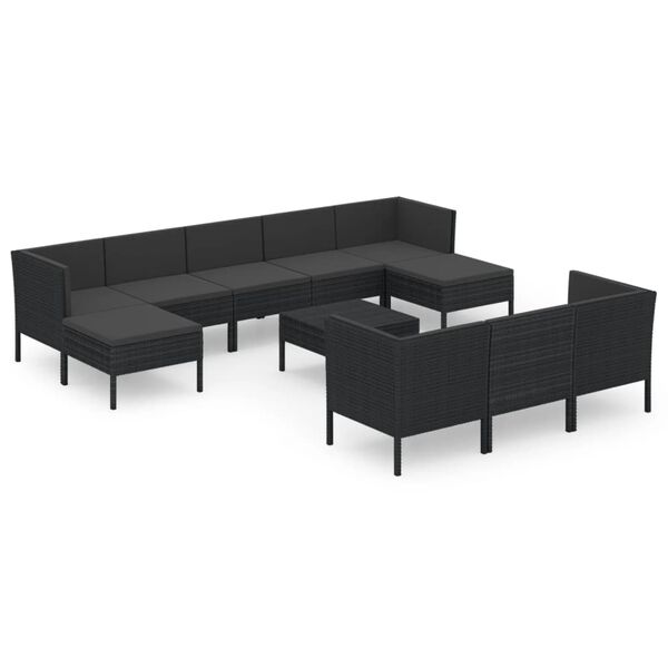 vidaXL 11 pcs conjunto lounge de jardim c/ almofad&otilde;es vime PE preto