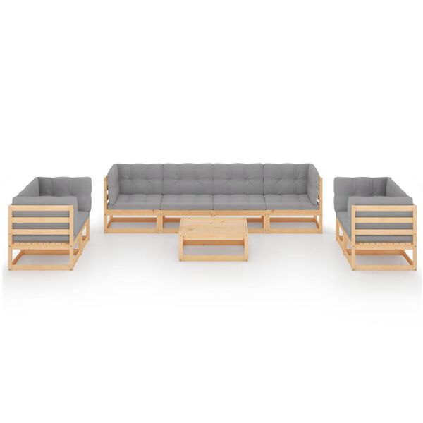 vidaXL 9 pcs conjunto lounge de jardim c/ almofadões pinho maciço