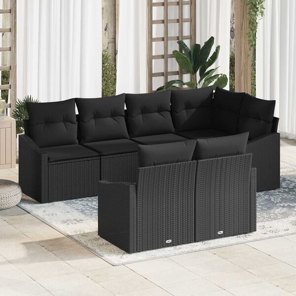 vidaXL Conjunto de Sof&aacute;s com almofada 7 pcs Preto vime PE