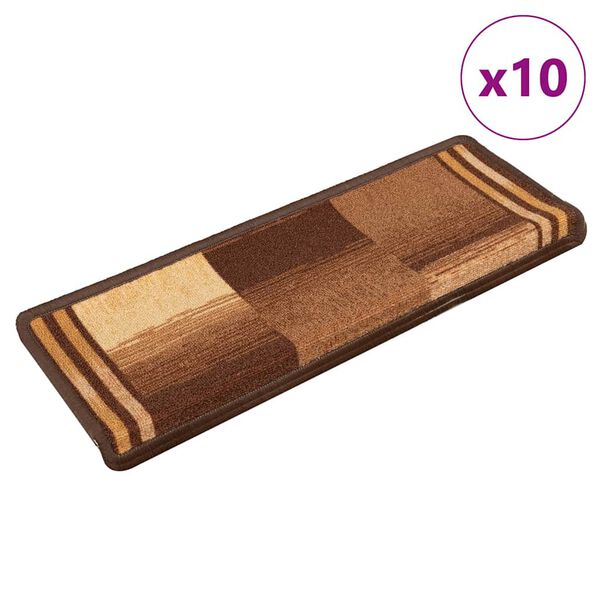 vidaXL Tapetes de escadas adesivos 10 pcs 65x21x4 cm castanho