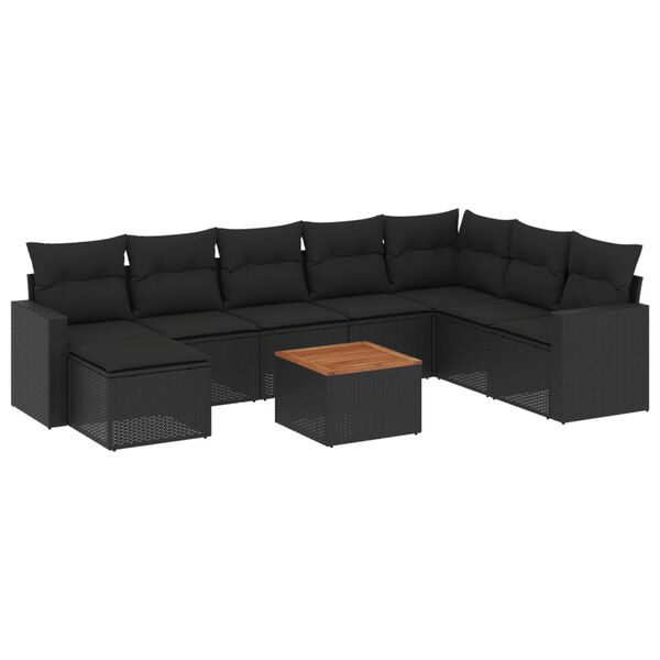 vidaXL 9 pcs conjunto de sof&aacute;s p/ jardim c/ almofad&otilde;es vime PE preto