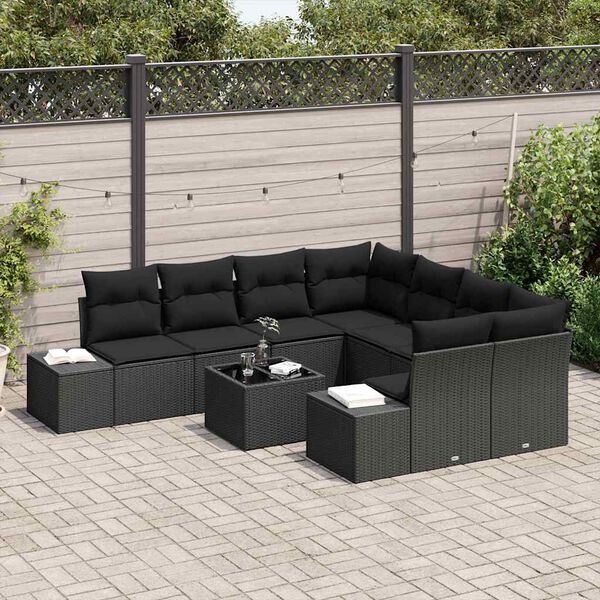 vidaXL Conjunto de Sof&aacute; de Jardim com almofada 9 pcs Preto vime PE