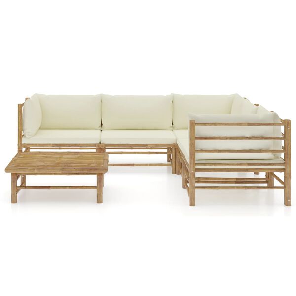 vidaXL 6 pcs conj. lounge p/ jardim em bambu c/ almofadões branco nata
