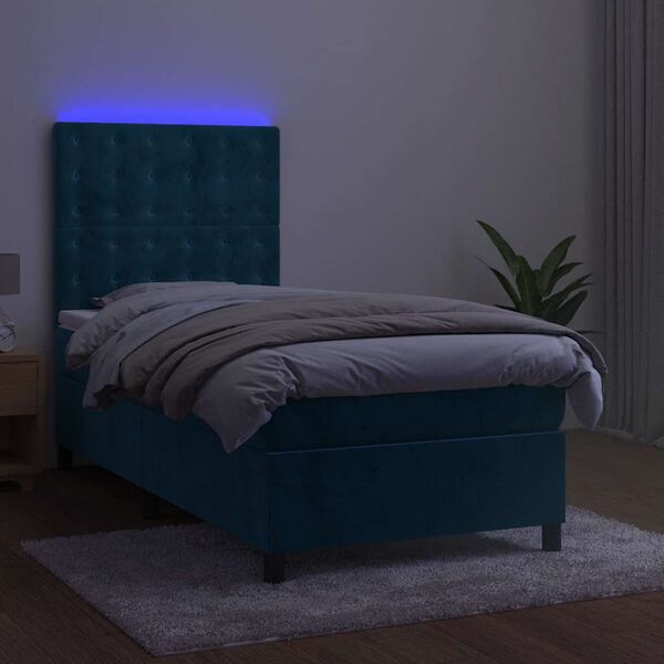 vidaXL Cama box spring c/ colch&atilde;o/LED 90x190 cm veludo azul-escuro