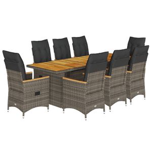 vidaXL 9 pcs conjunto bistr&ocirc; de jardim c/ almofad&otilde;es vime PE cinzento