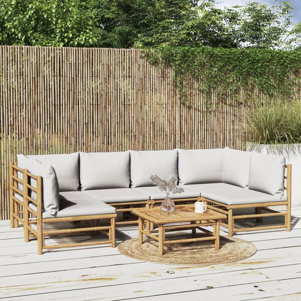vidaXL 7 pcs conj. lounge de jardim bambu c/ almofadões cinzento-claro
